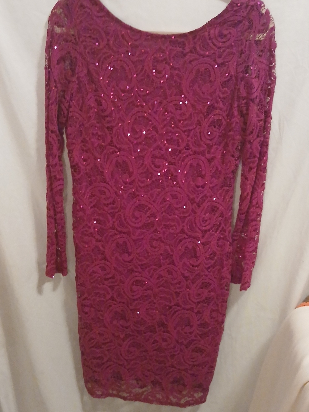 MARINA Magenta Lace Long-Sleeve Sequin Sheath Dress